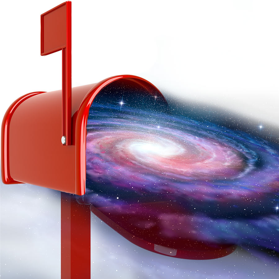 red mailbox with spiral galaxy flowing out of opening
