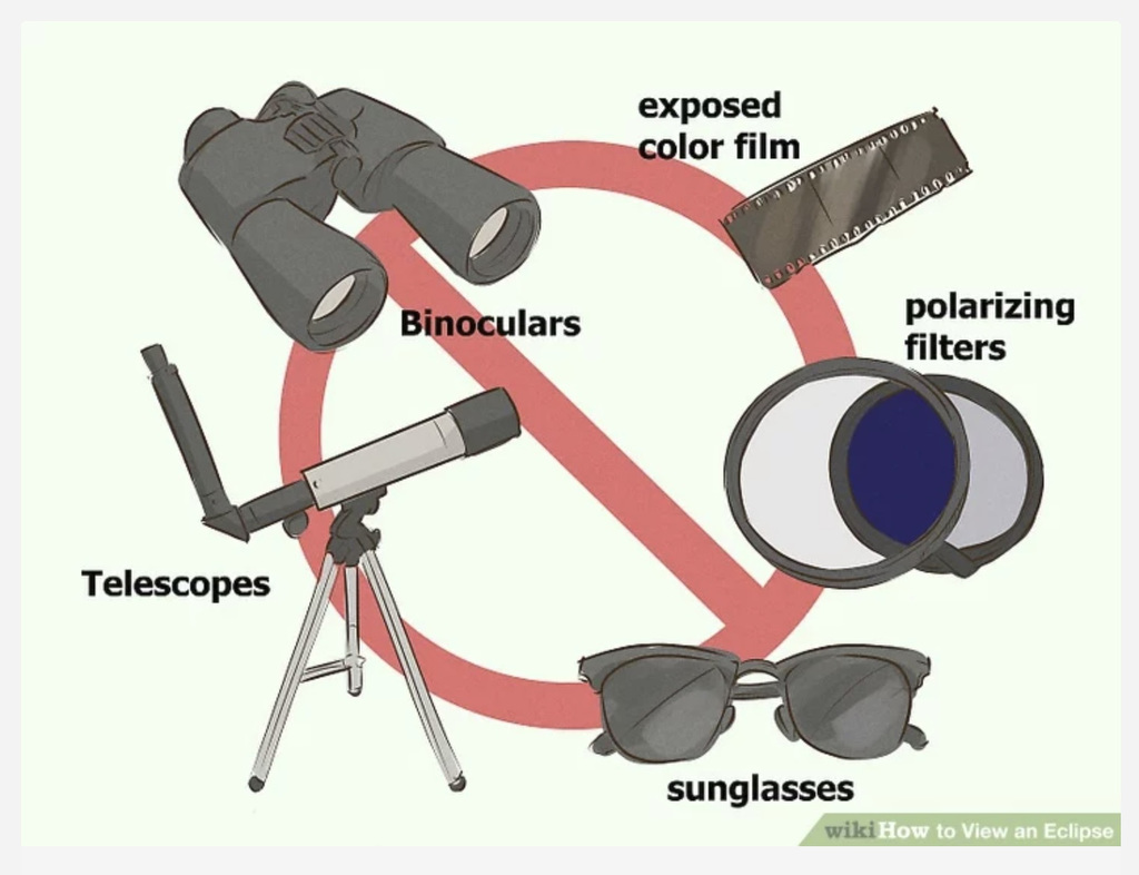 unprotected binoculars, exposed color film, polarizing filters, sunglasses, telescope cannot be used for looking at solar eclipse