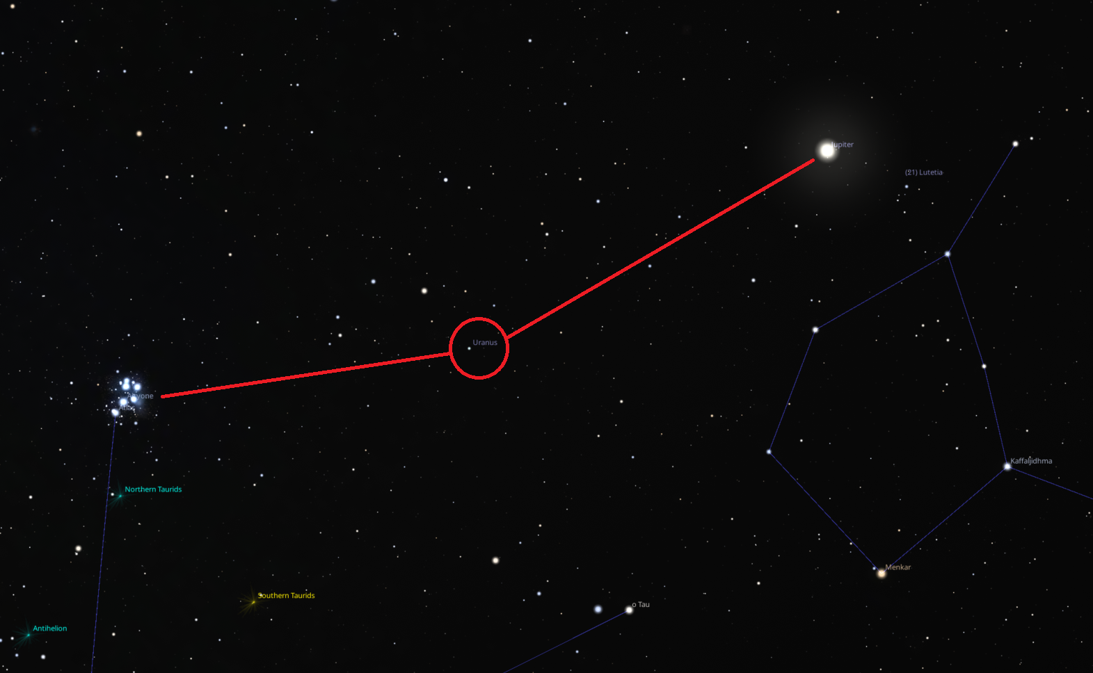 Sky map picturing M45, Uranus and Jupiter, Stellarium