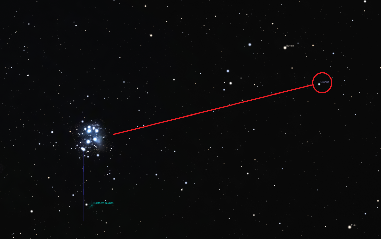 Sky map picturing M45 and Uranus, Stellarium