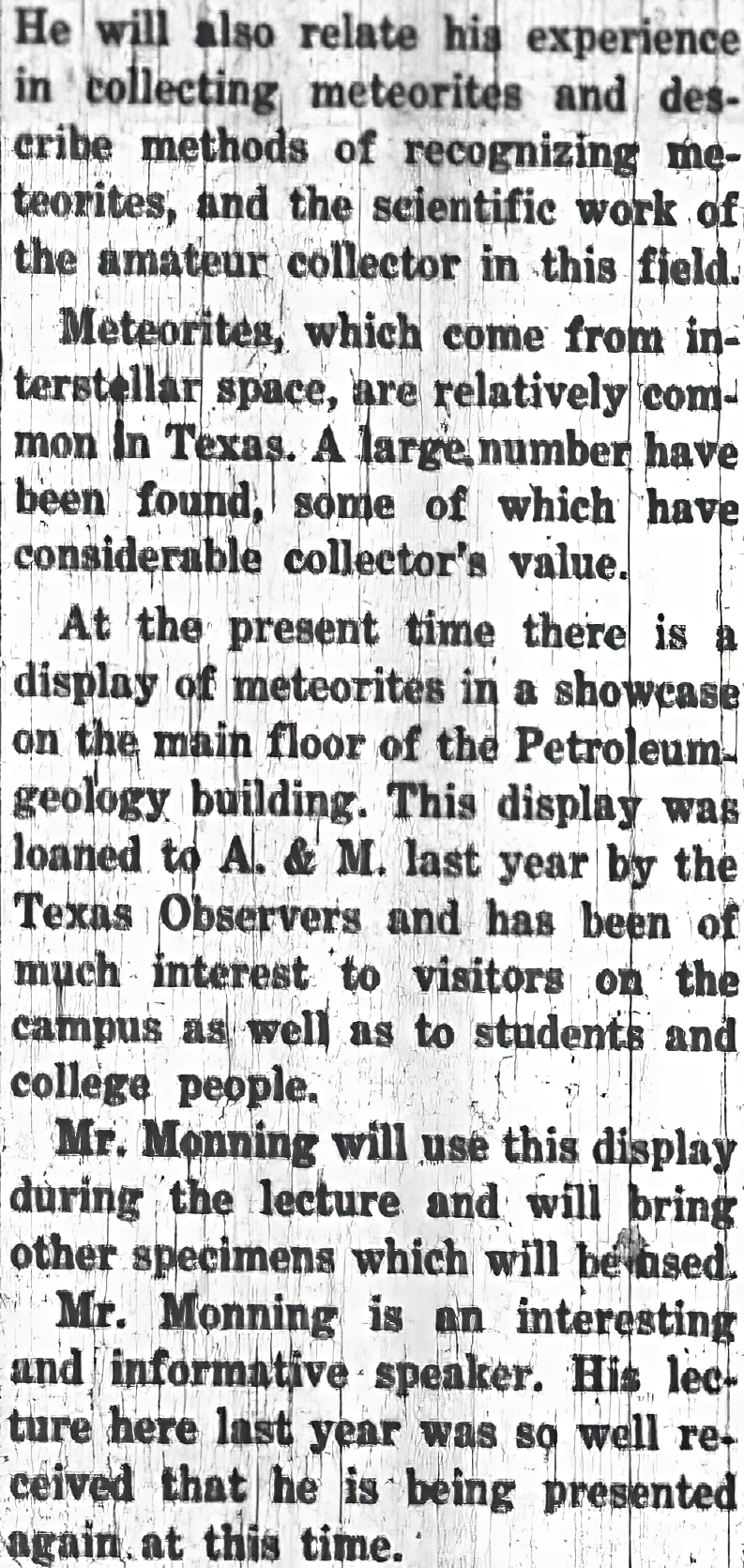 bottom part of newspaper clipping about meteorite lecture