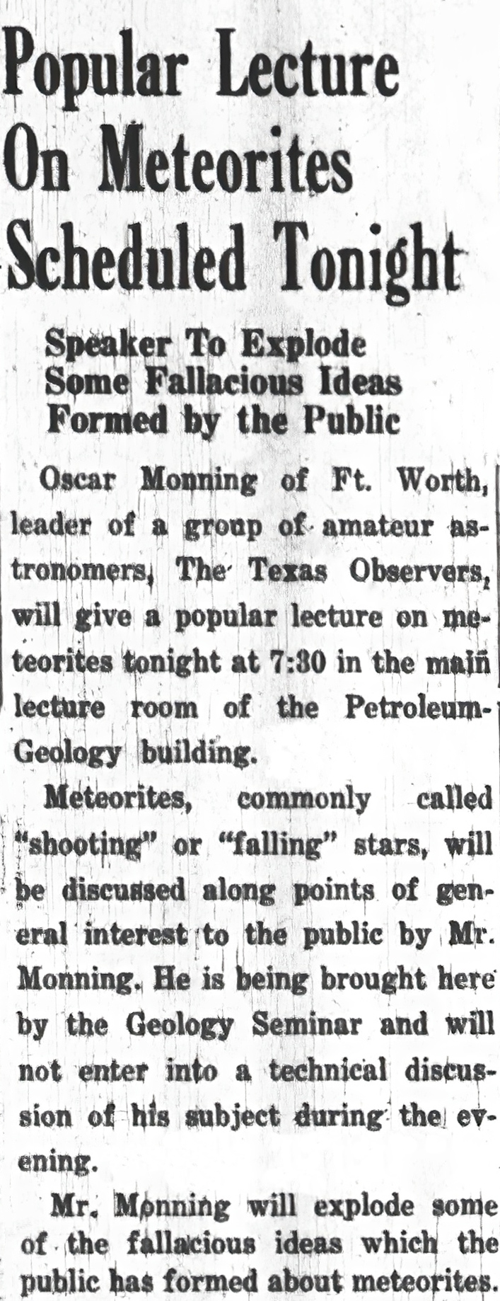 top part of newspaper clipping about meteorite lecture